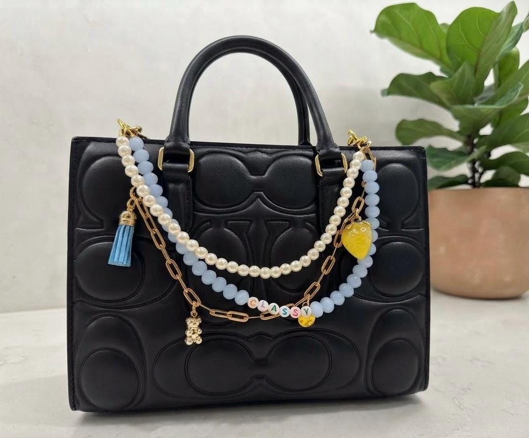 Classy Beaded Bag Charm, Pearl and Blue Crystal Purse Chain Accessory, Gift for Her