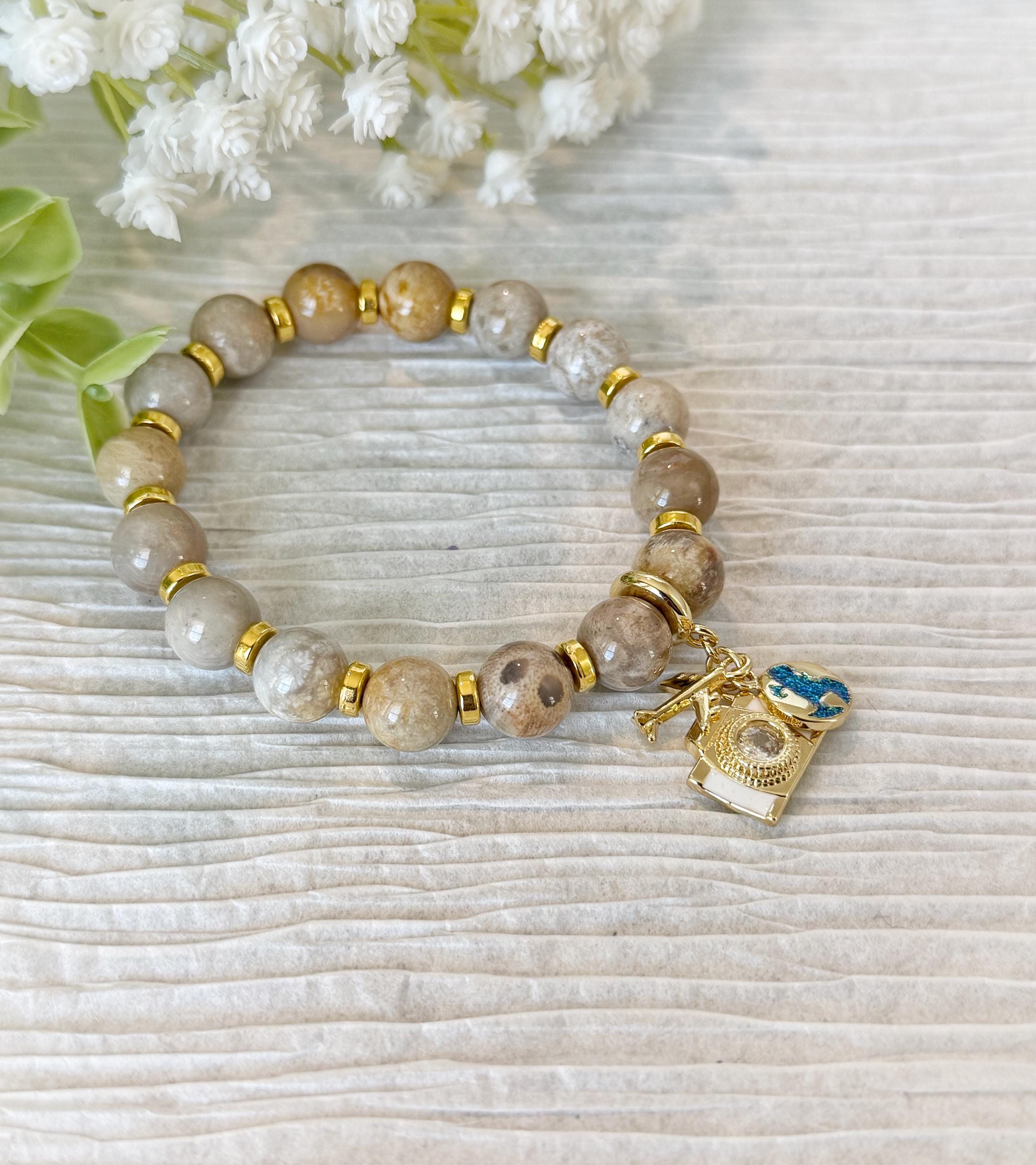 Travel Lover Charm Bracelet, Sunstone Beads with Airplane, Camera & Earth Globe Charms