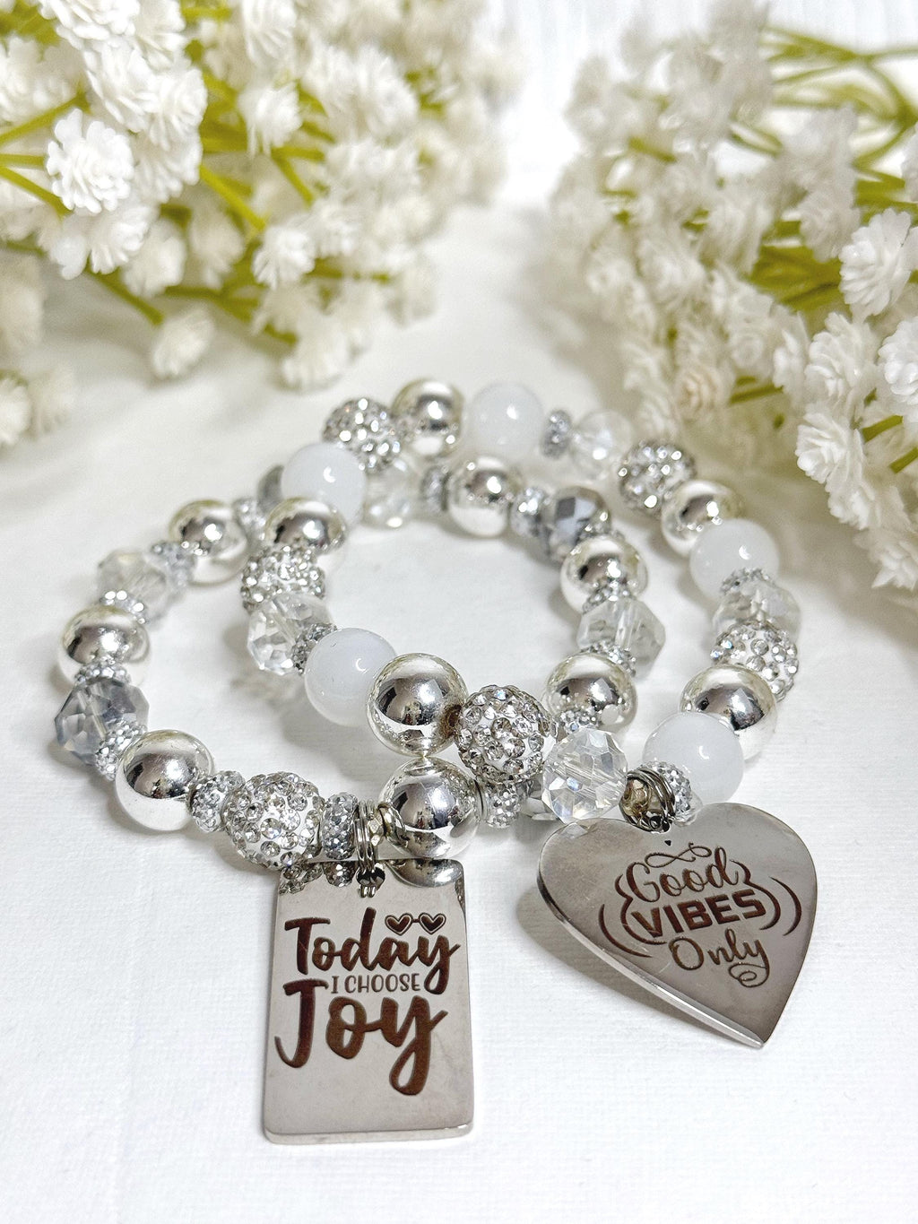 Motivational Charm Bracelet Set: Beaded Stretch Bracelets