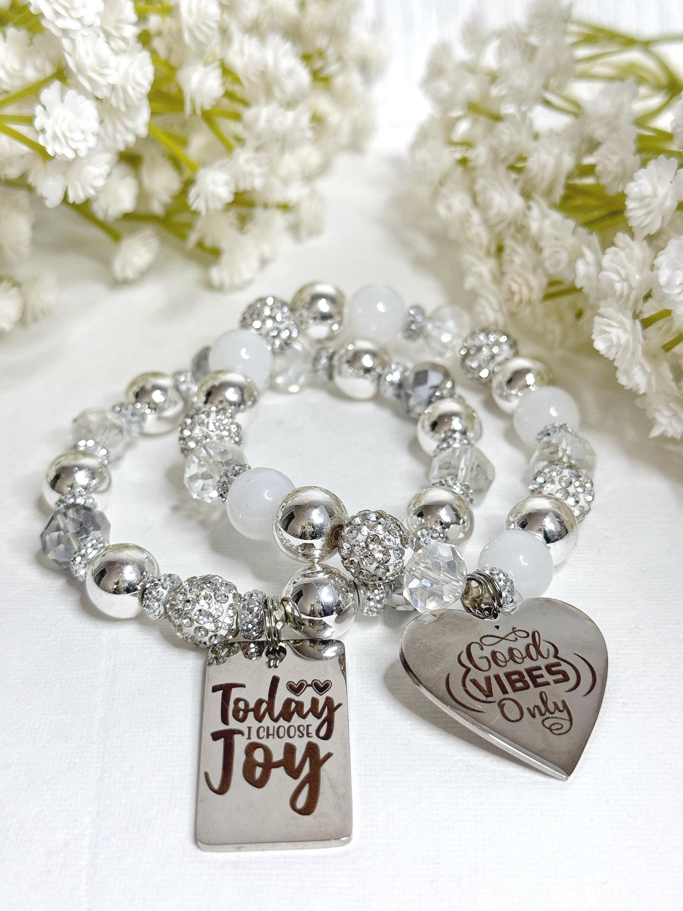 Motivational Charm Bracelet Set: Beaded Stretch Bracelets
