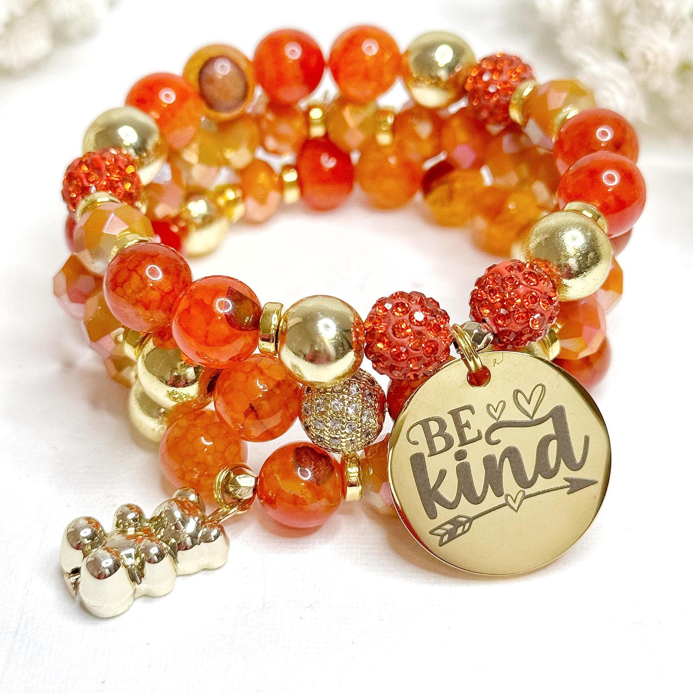 Orange Beaded Charm Bracelet Set: Inspirational Stretch Bracelets