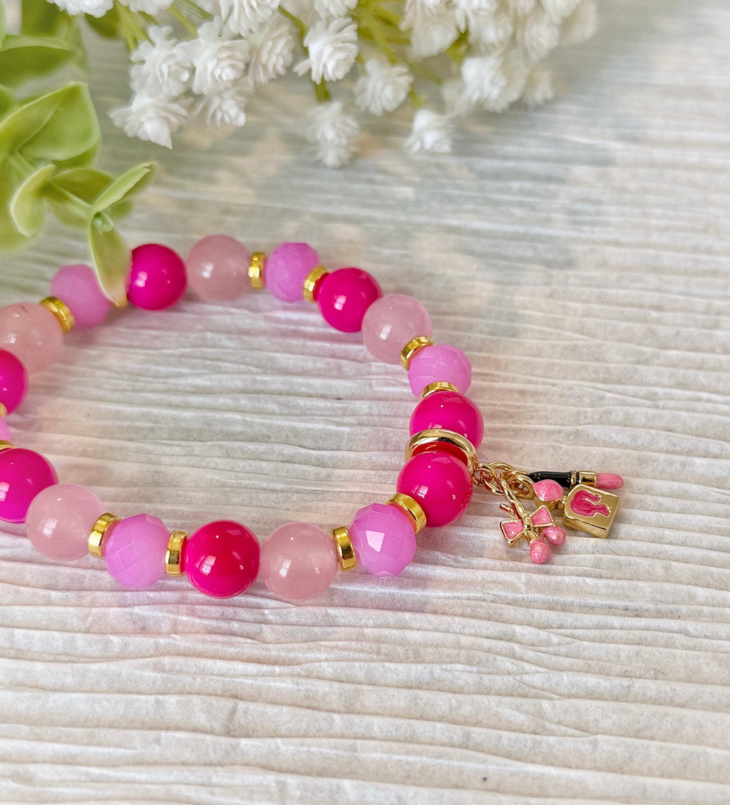 Pink Beaded Bracelet with Doll, Lipstick, Bow Charms, Rose Quartz (7.25in)