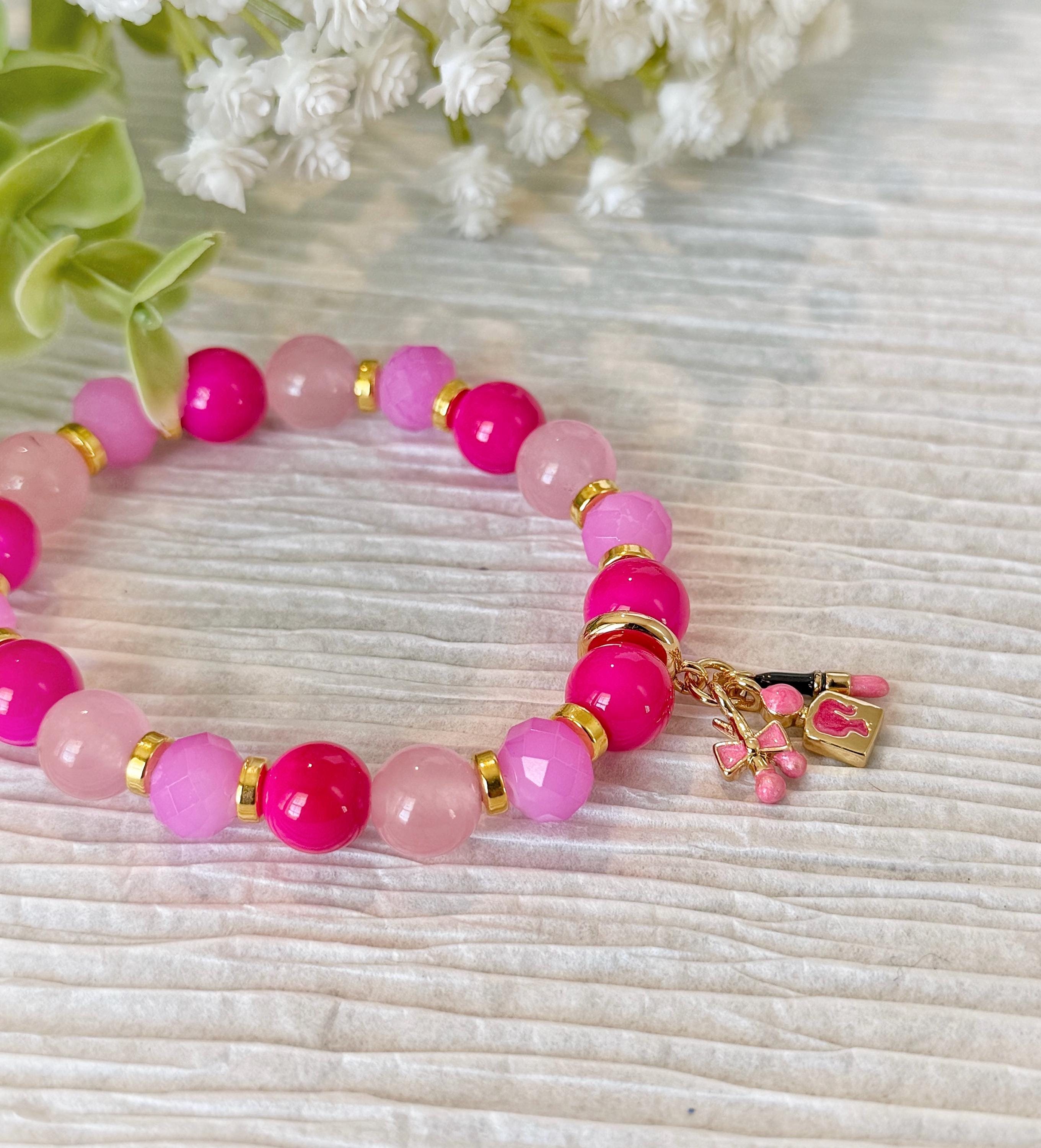 Pink Beaded Bracelet with Doll, Lipstick, Bow Charms, Rose Quartz (7.25in)