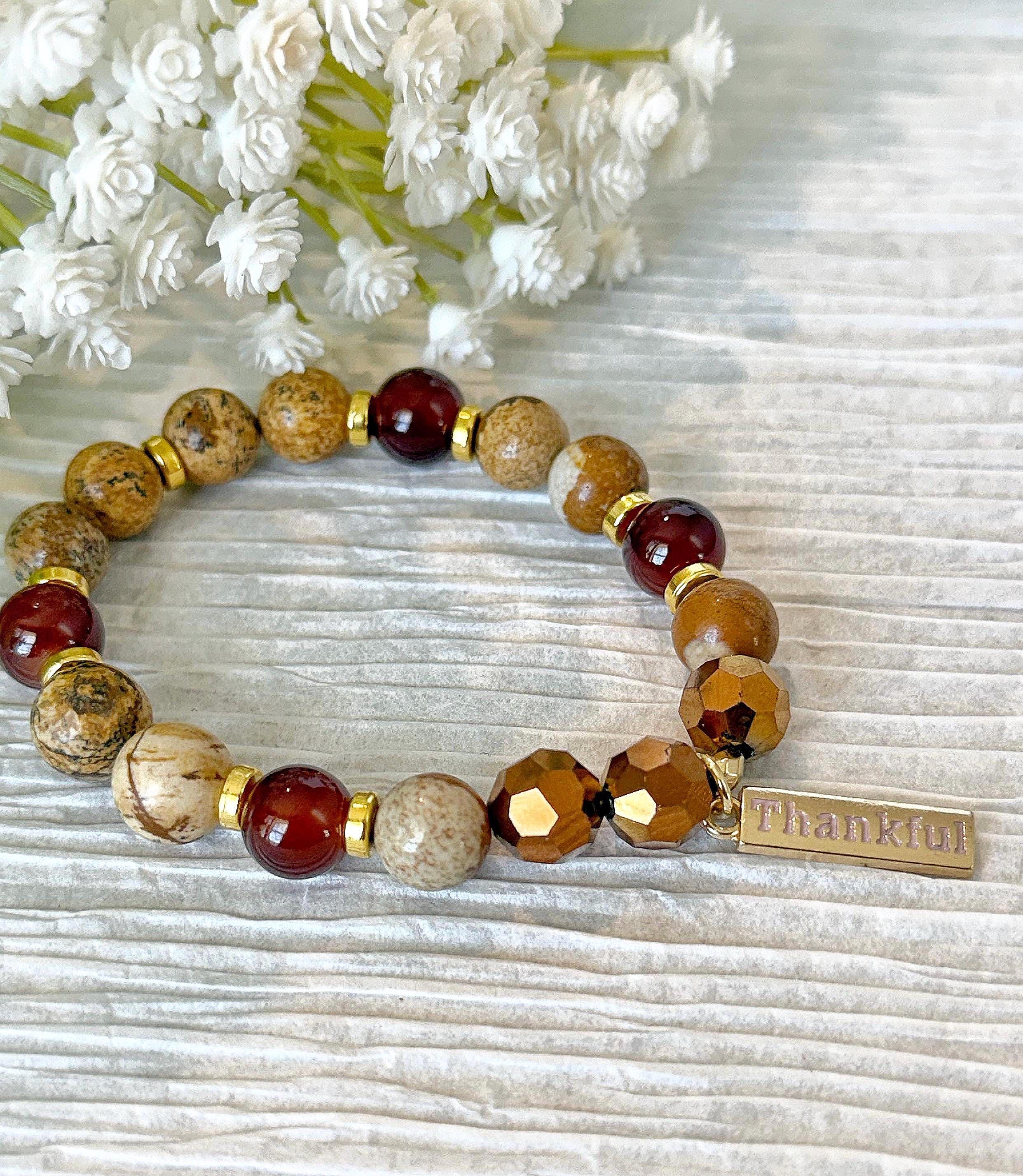 Thankful Charm Bracelet, Boho Beaded Stretch Bracelet, Fall Jewelry Gift