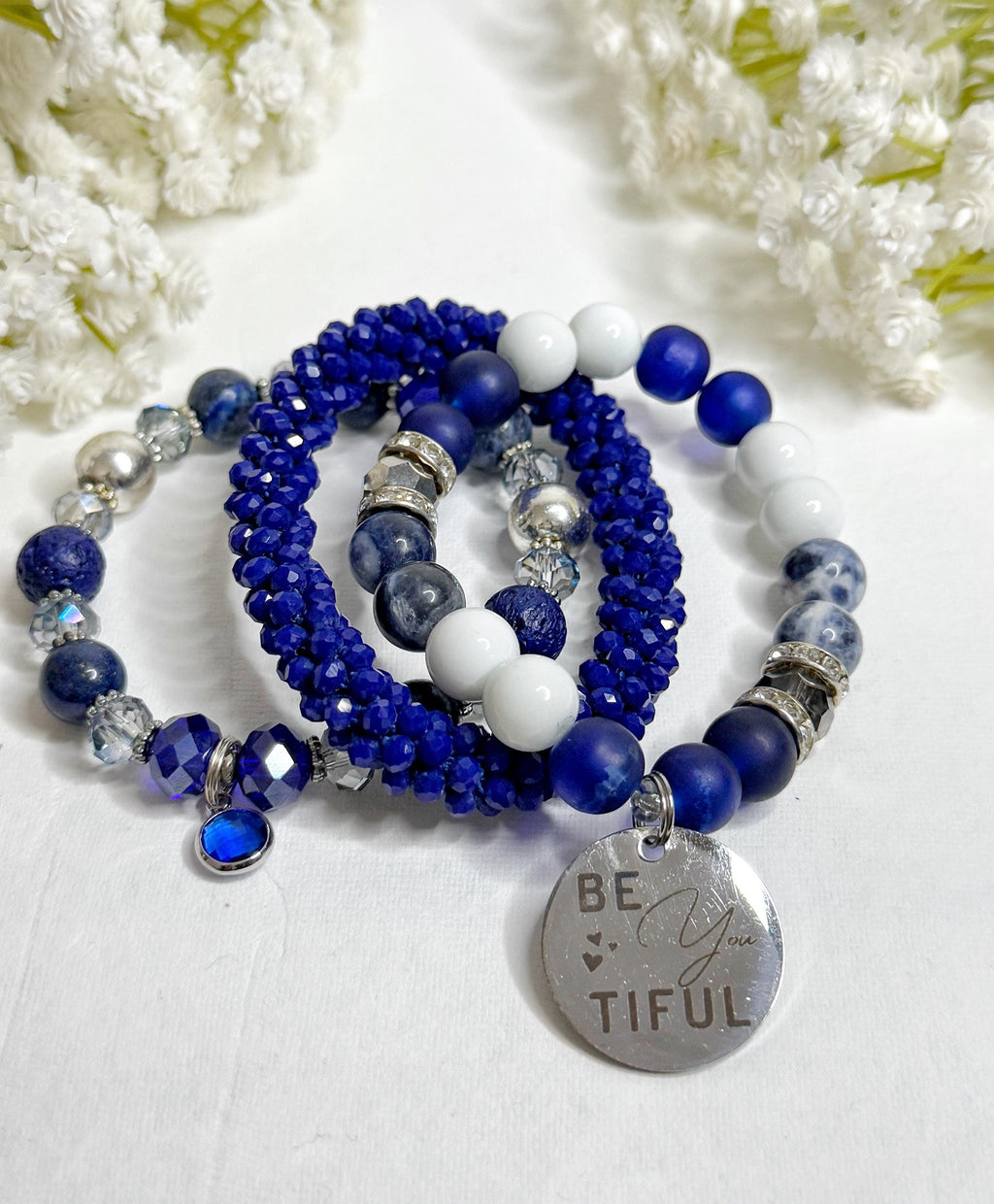 Beaded Charm Bracelet Set: Blue Gemstone Stretch Bracelets