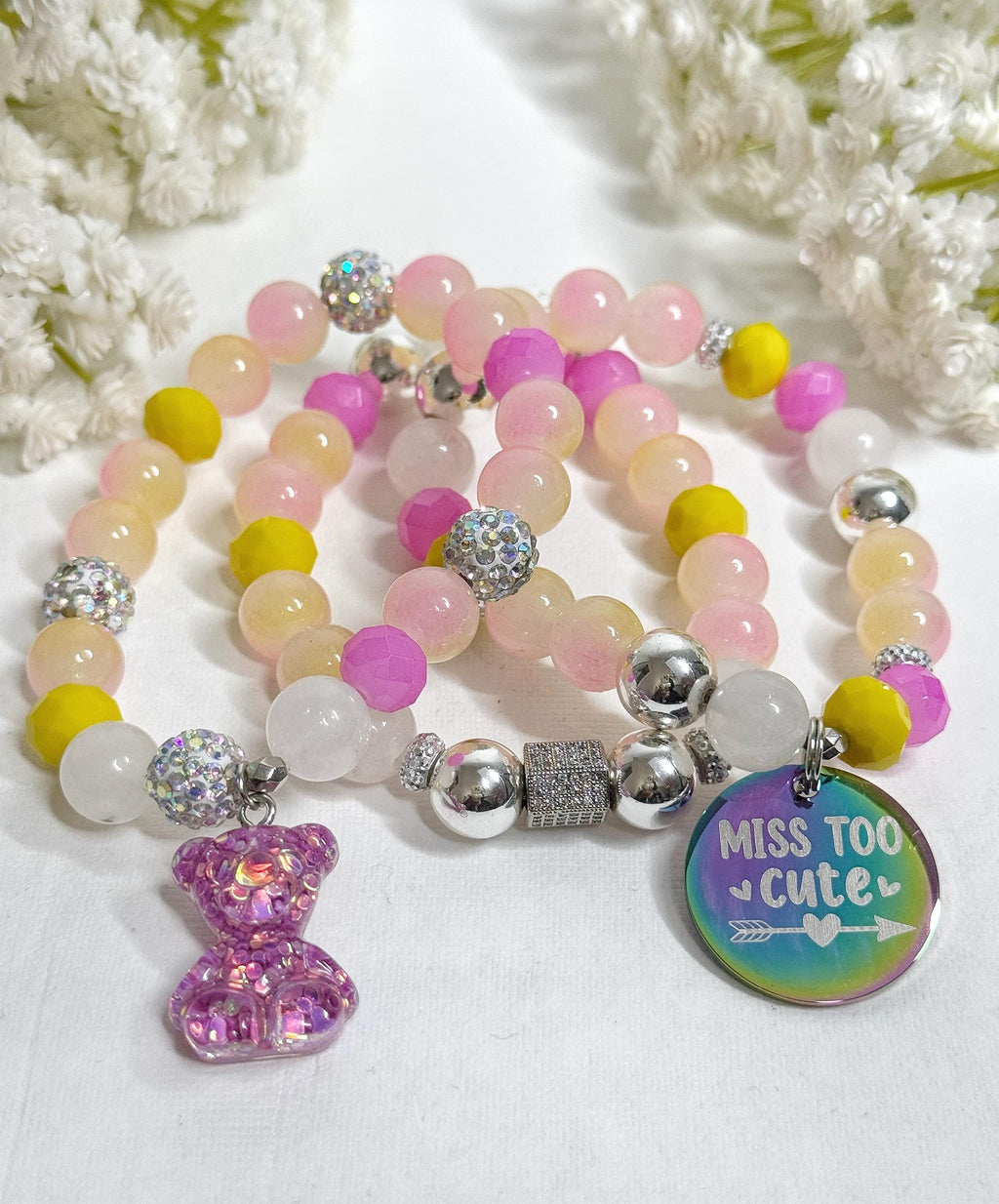 Beaded Charm Bracelet Set: Pink & Yellow Stretch Bracelets