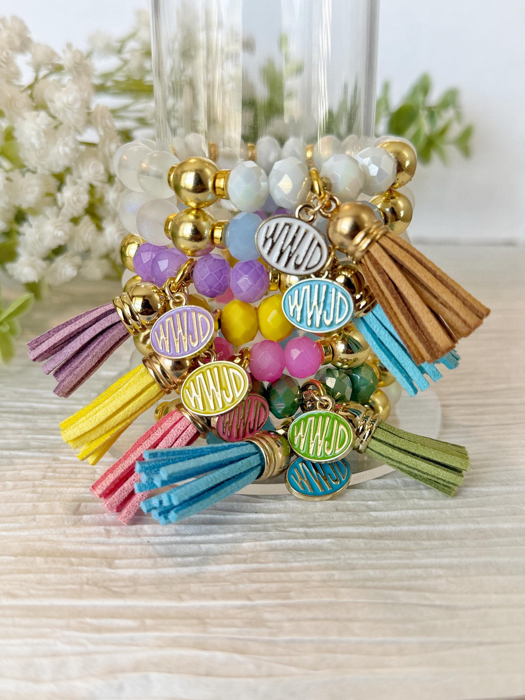 Beaded Tassel Bracelets, Boho Stretch Stackable Jewelry, WWJD Charm