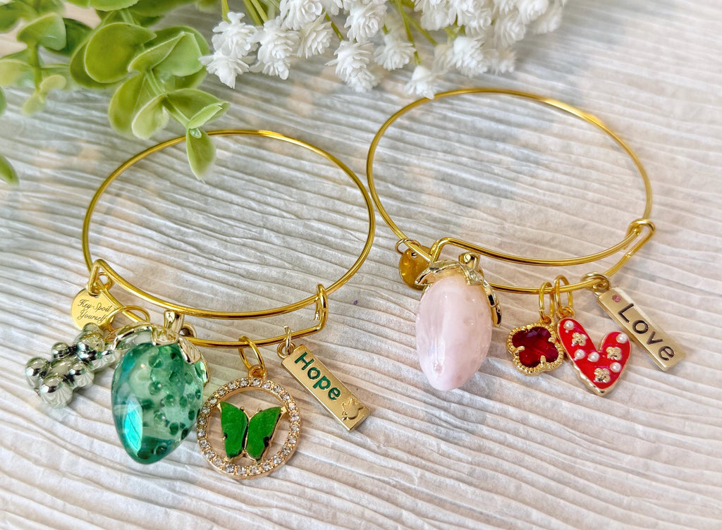 Gold adjustable bangle bracelet with charms, Lightweight bangle
