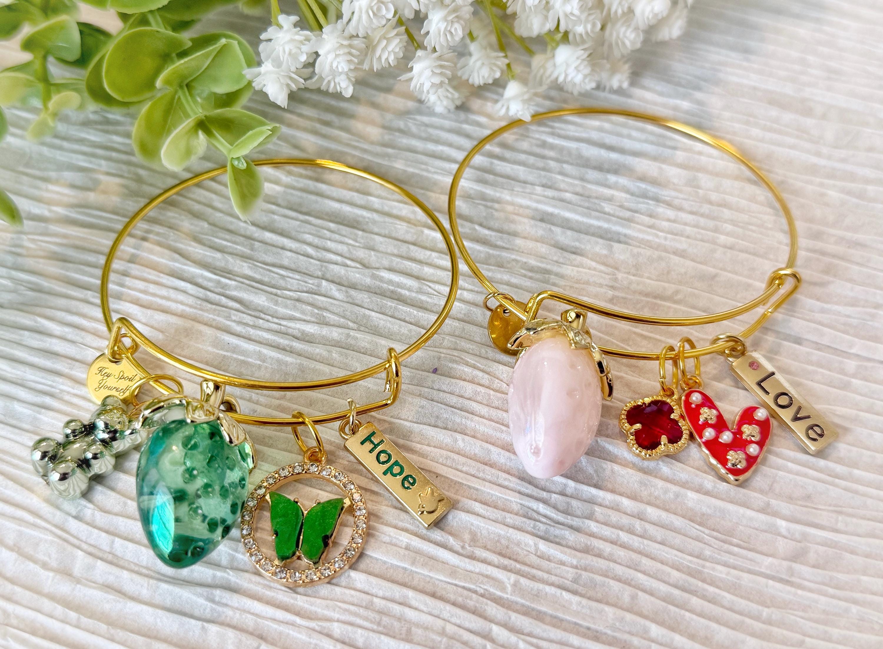 Gold adjustable bangle bracelet with charms, Lightweight bangle