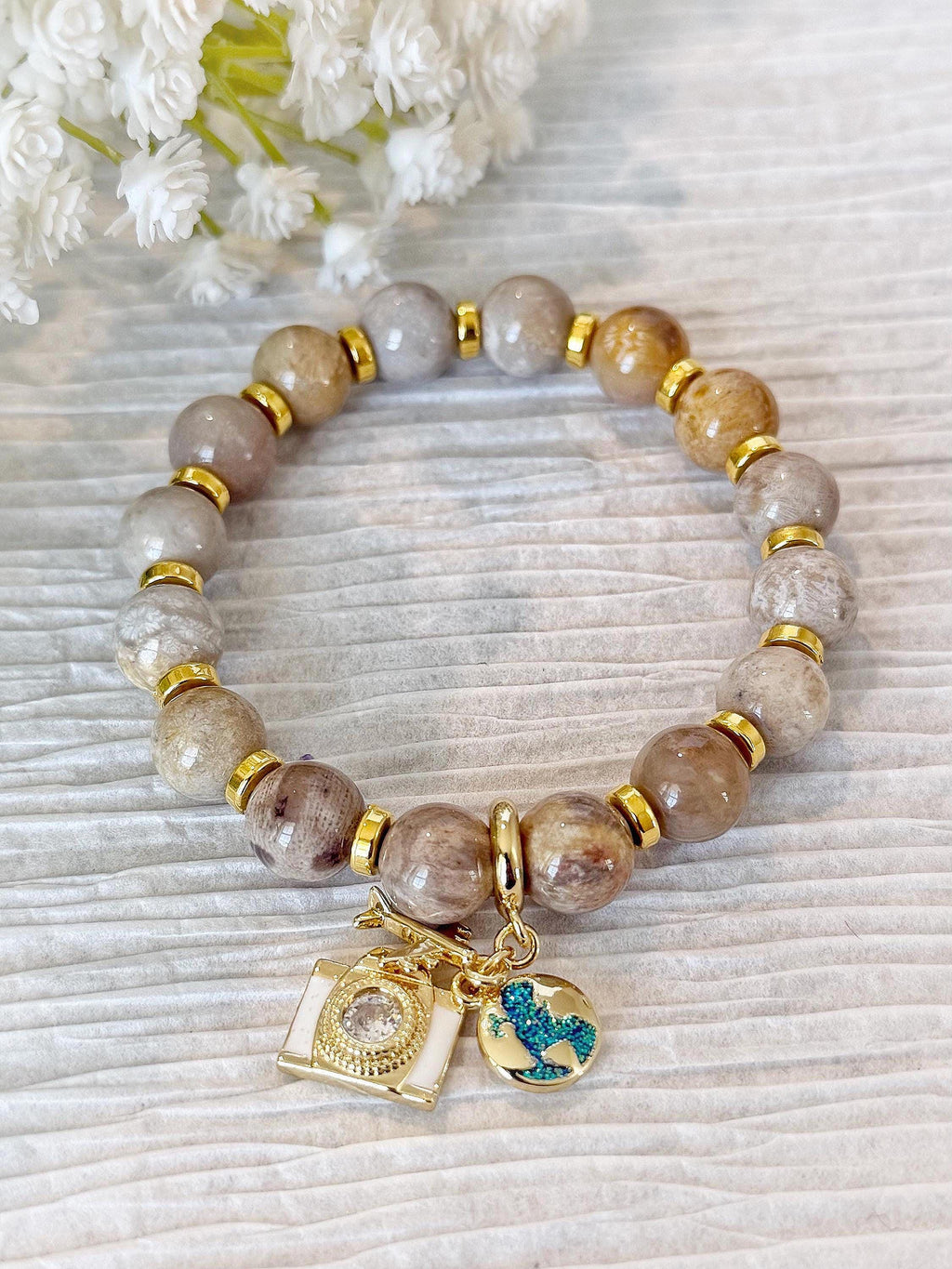 Travel Lover Charm Bracelet, Sunstone Beads with Airplane, Camera & Earth Globe Charms